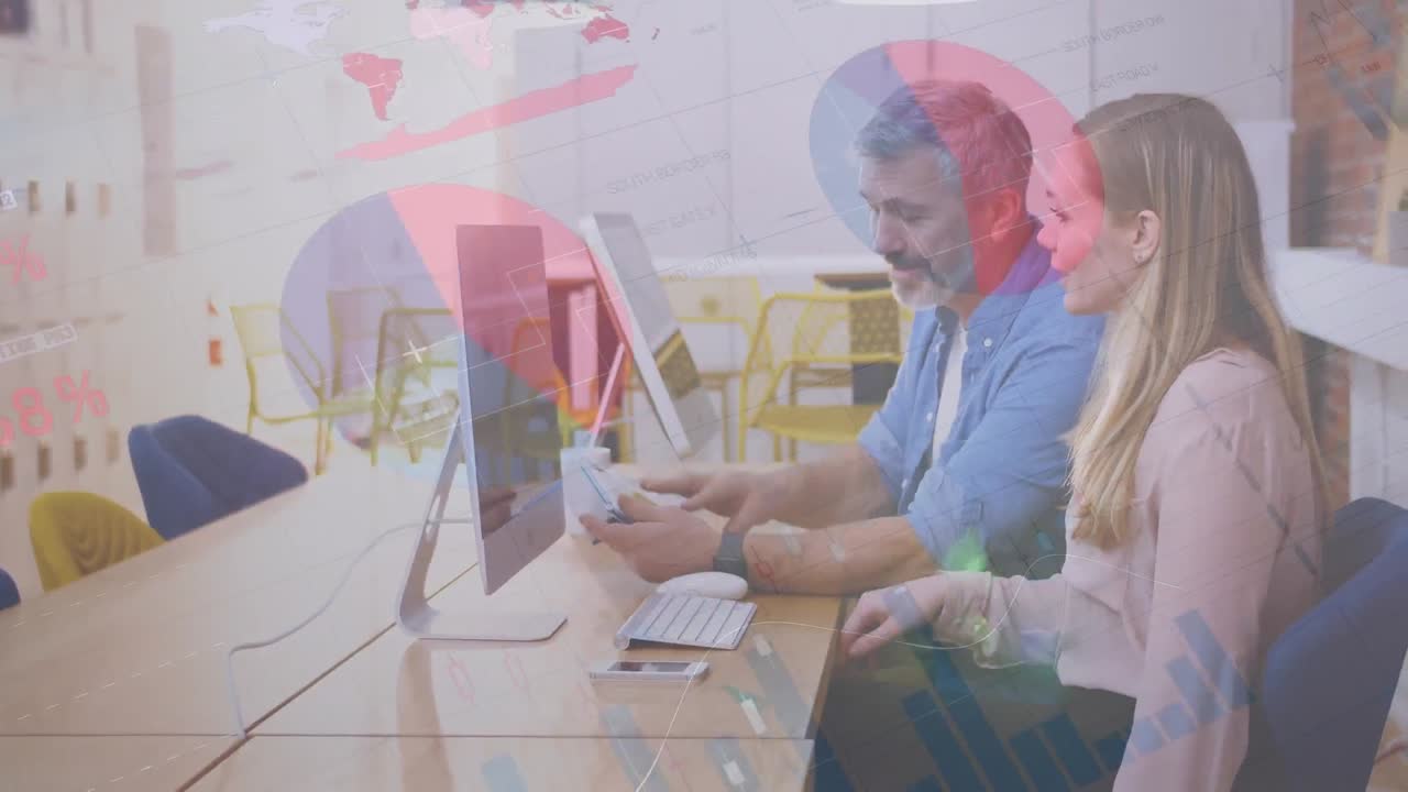 animación de procesamiento de datos estadísticos contra hombre y mujer caucásicos discutiendo en la oficina.