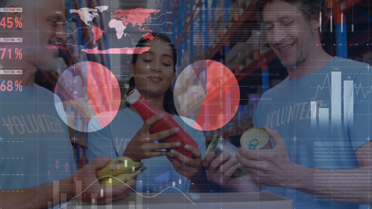 processamento de dados estatísticos contra um grupo de vários voluntários que abrem uma caixa de doações no armazém