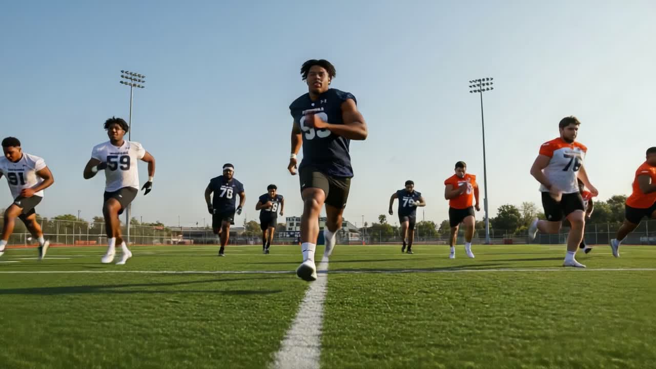 A Team of Athletes Sprinting on the Field During Practice, Showcasing Speed, Determination, and Teamwork Under a Clear Blue Sky
