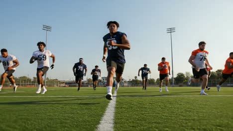 a team of athletes sprinting on the field during practice, showcasing speed, determination, and teamwork under a clear blue sky