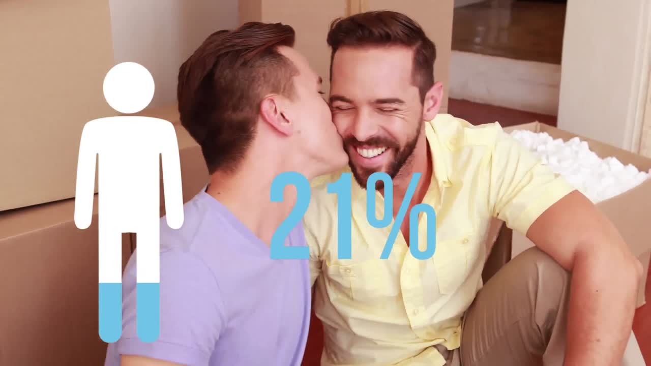 animación del porcentaje y el icono de la persona que se llena de azul sobre una feliz pareja gay en un nuevo hogar