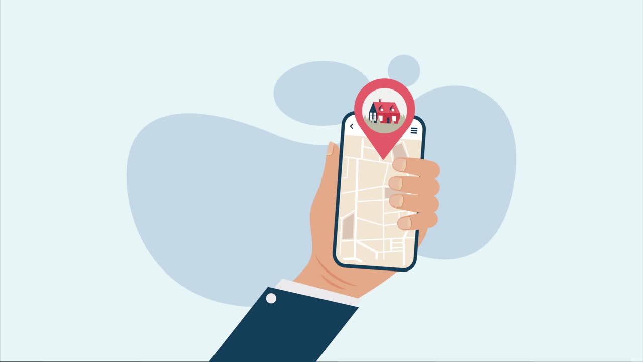teléfono inteligente en la mano con marcador de ubicación de la casa en el mapa