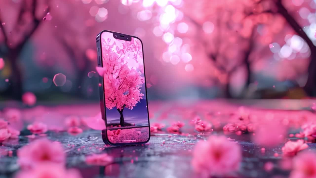 Smartphone Displaying Cherry Blossoms Amidst a Dreamy Pink Sakura Landscape