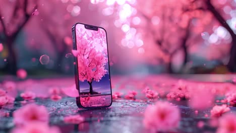 smartphone displaying cherry blossoms amidst a dreamy pink sakura landscape
