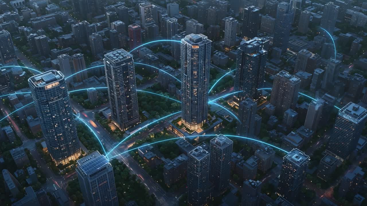 Aerial View of a Modern Urban Landscape with High-Rise Buildings Connected by an Innovative Network of Light Lines Representing Communication and Connectivity