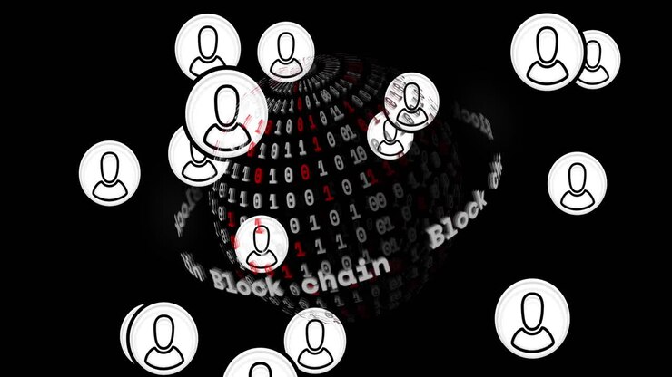 Animation of icons over globe with data processing on black background