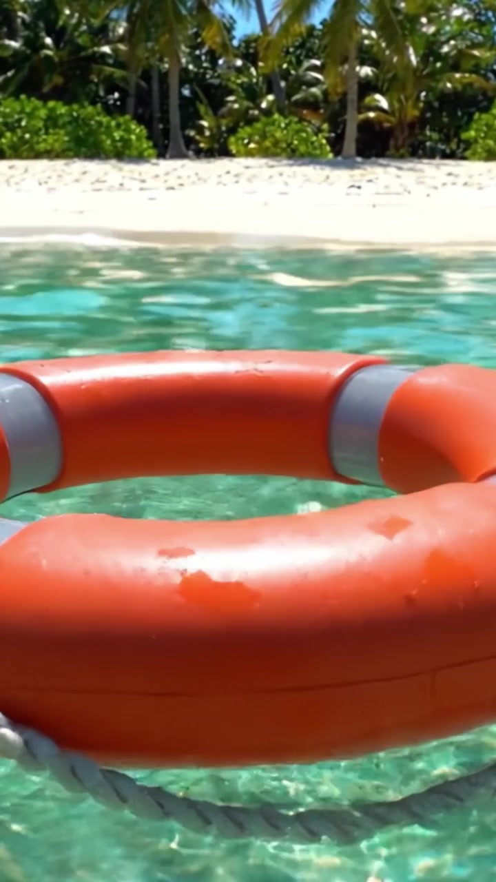 A Bright Orange Lifebuoy Floats on Crystal Clear Waters Surrounded by Lush Tropical Paradise, Symbolizing Safety and Leisure in a Serene Beach Environment