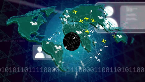 animación de transporte global y cambio de divisas sobre el mapa del mundo con aviones y barcos