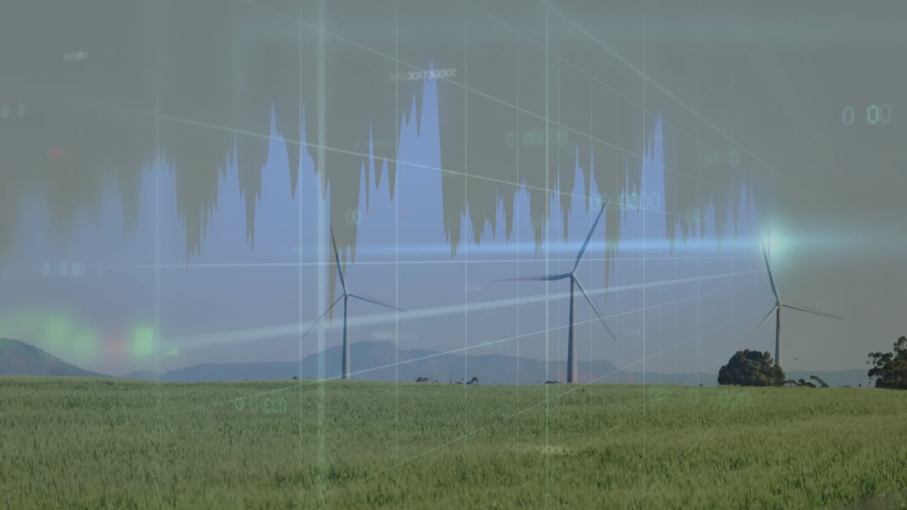 Wind turbines staying fixed while blue chart appearing and candles moving, showing market swings