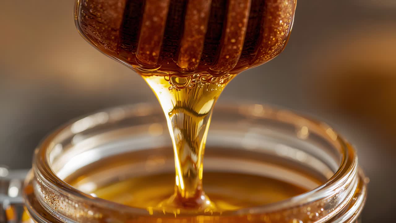 Miele dorato che cola da un mestolo in legno inclinato in un barattolo di vetro aperto sul bancone, creando increspature