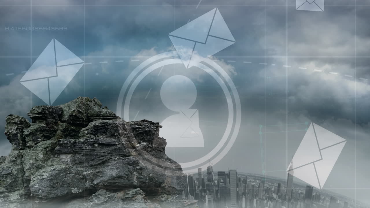 프로필과 여러 메시지 아이콘이 바위와 도시 풍경의 공중 전망에 대해 떨어집니다.