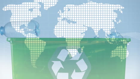 animation of recycling box with plastic bottles over world map