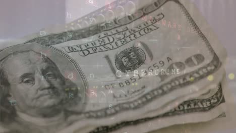 animation of changing numbers and virus alert over falling dollar banknotes