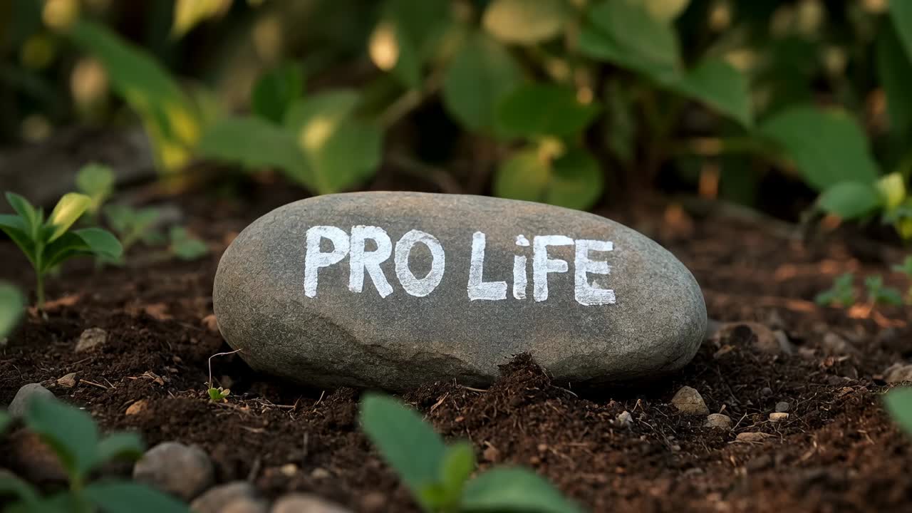 Langsom kameratilnærmelse mod aflang flodsten i et blomsterbed, der afslører PRO LIFE-bogstaver