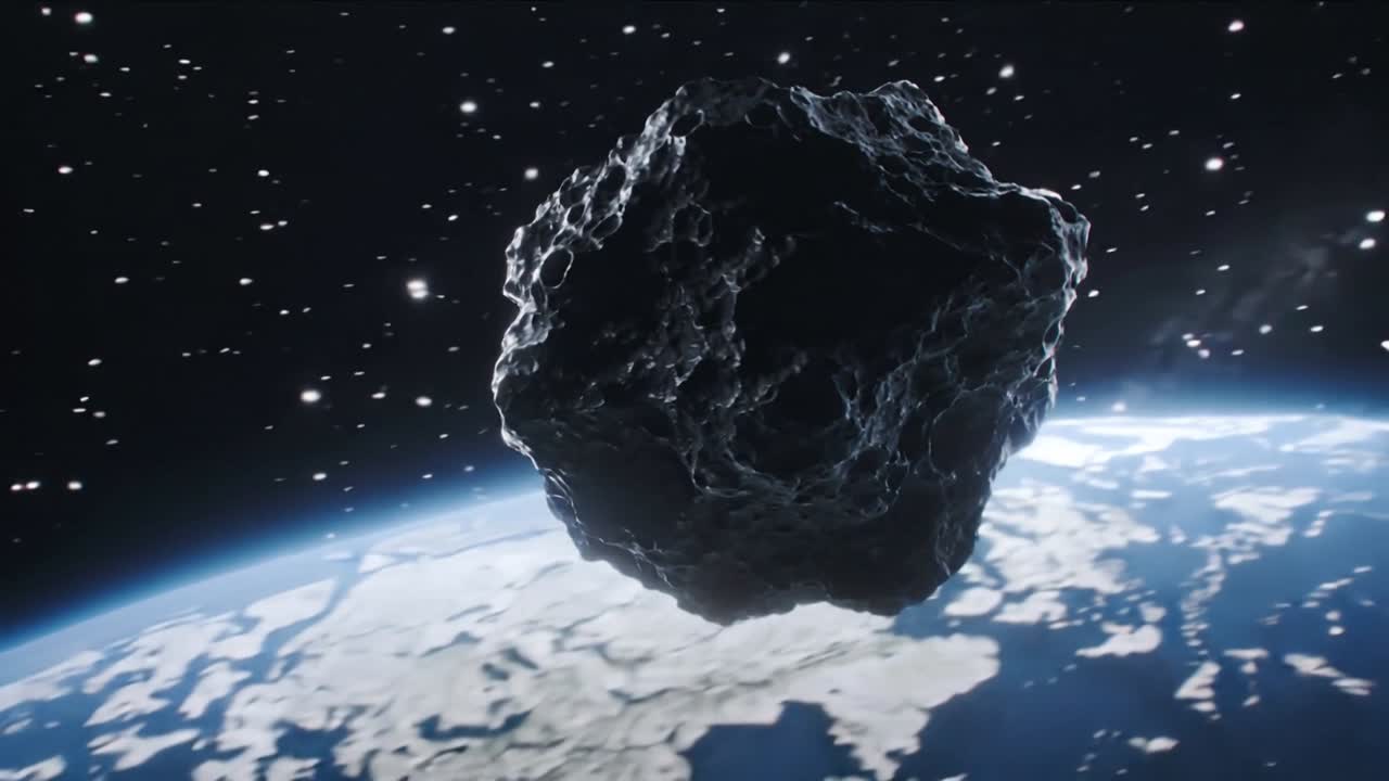 Asteroidi liikkuu ja pyörii planeetan reunan lähellä, kameran lähestyessä ja paljastaessa kraattereita tähtitieteelliseen käyttöön.