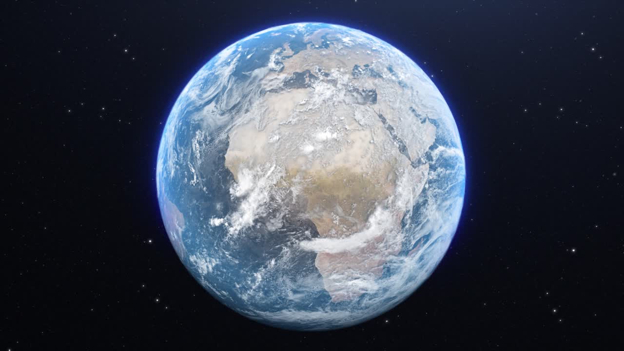 Beautiful view of the Earth from space in full daylight, with the Europe, Middle East and African continents showing as the planet rotates slowly against a starfield background