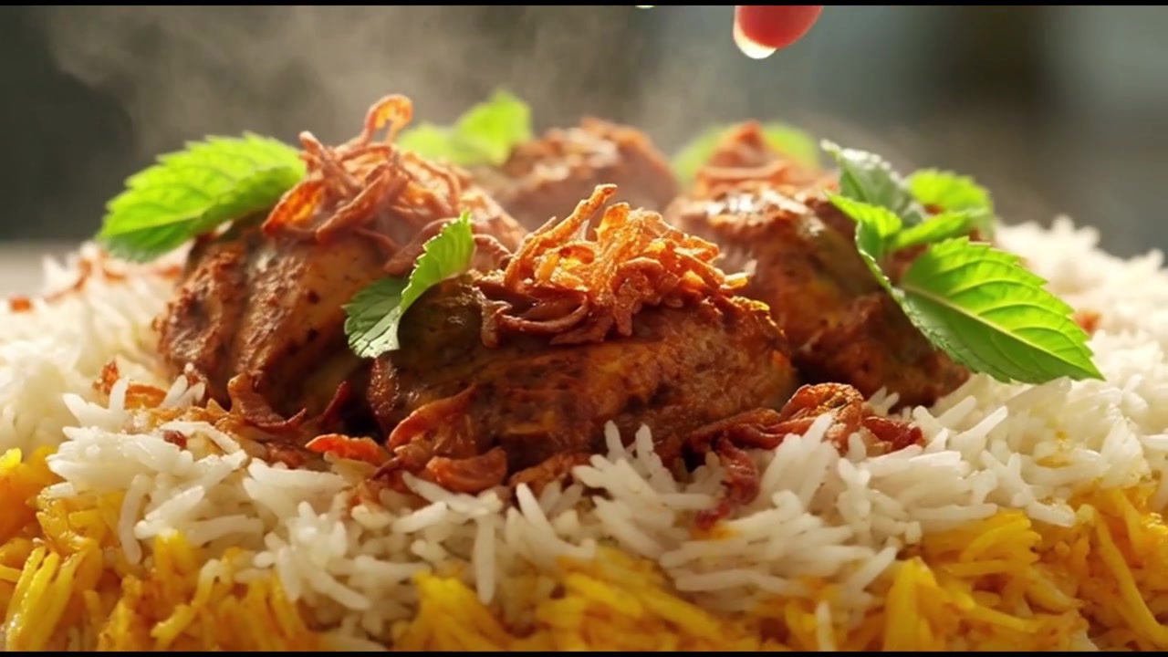 Håndpynter dampende kyllingebiryani med stegte løg