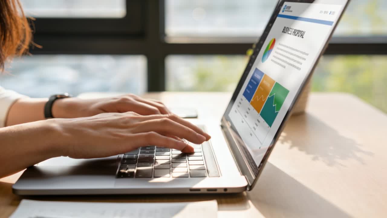 Typing woman in white short-sleeve top editing report at desk by window after seeing dashboard