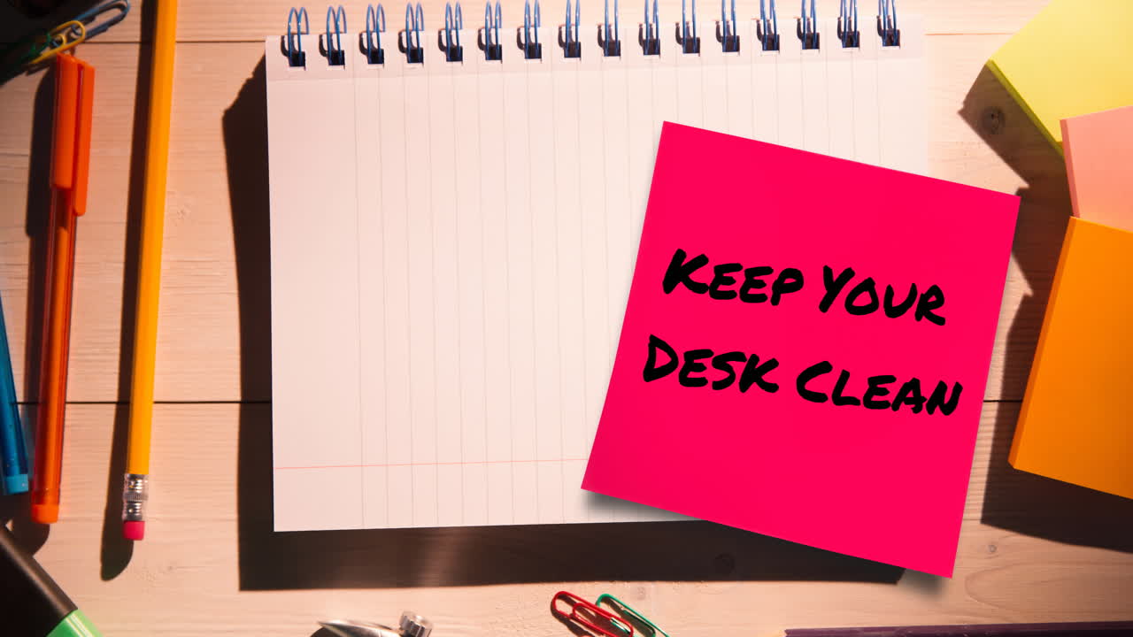 Animation of keep your desk clean text on memo note over notebook on desk
