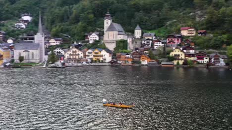 Aerial-view-of-austrian-mountain-village-Hallstatt-and-Hallstatter-lake