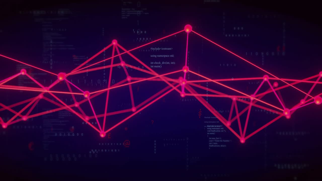 Dark code backdrop flickering causing red nodes and pulsing lines emerging visualizing data pulses
