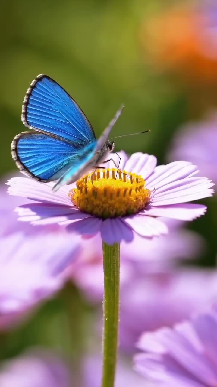 Close-up video angle of a vibrant blue butterfly on a purple flower, showcasing nature's beauty
