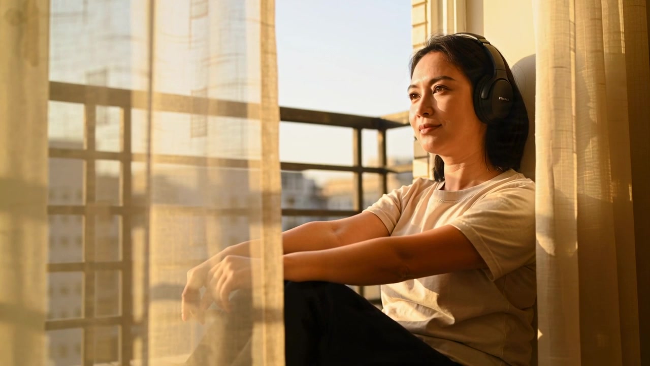 Mettendo le cuffie, donna in maglietta chiara e pantaloni scuri che tira la tenda sul balcone e ascolta, spazio per il testo