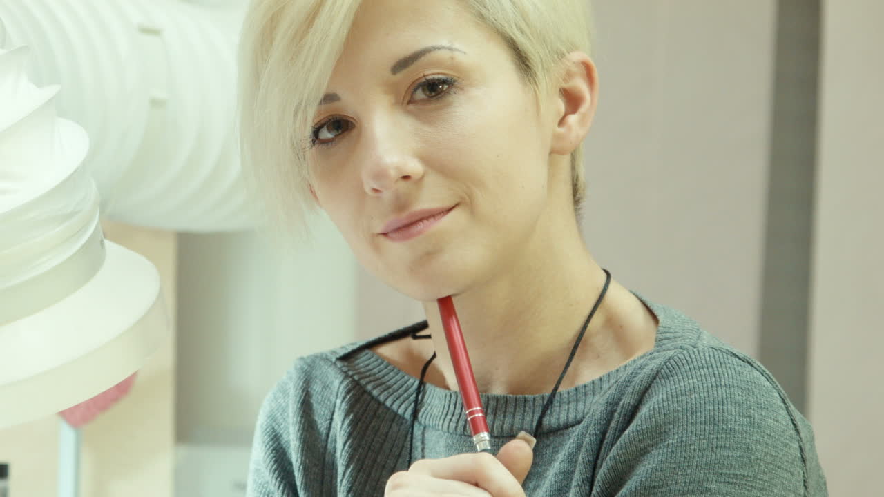 Nail Master Woman Look At Camera In Salon (Stock Footage)