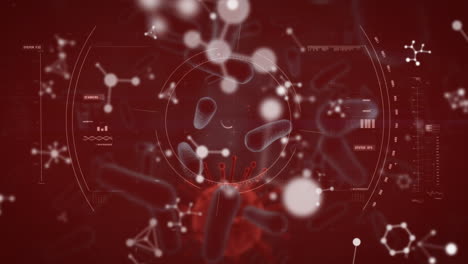 Animation-of-digital-interface-on-moving-cells-over-red-background