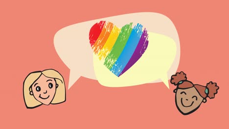 Animation-Weiblicher-Gesichtssymbole-Und-Regenbogenherzen-Auf-Rotem-Hintergrund