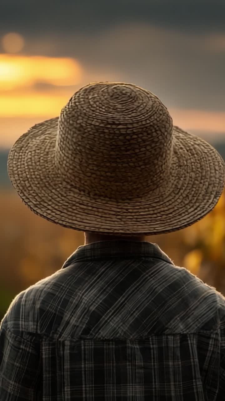 Una figura contemplativa che indossa un cappello di paglia contempla un tramonto mozzafiato, evidenziando la connessione serena e introspettiva con la natura nelle ore del crepuscolo.