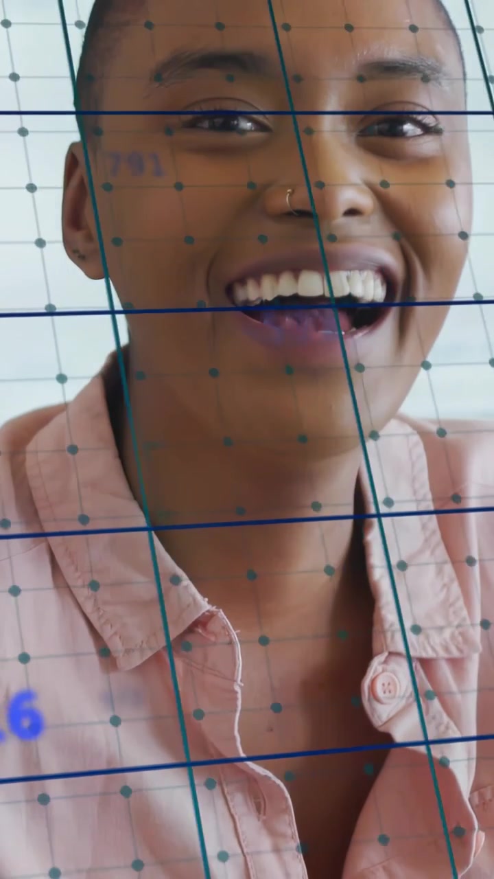 Frame shifting, woman leaning closer smiling then laughing with drifting data grid for tech