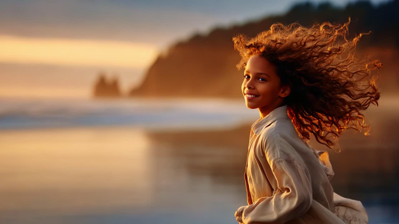 A girl with curly hair joyfully gazes back in a picturesque sunset by the beach, highlighting the beauty of nature and the essence of childhood carefree moments captured in time