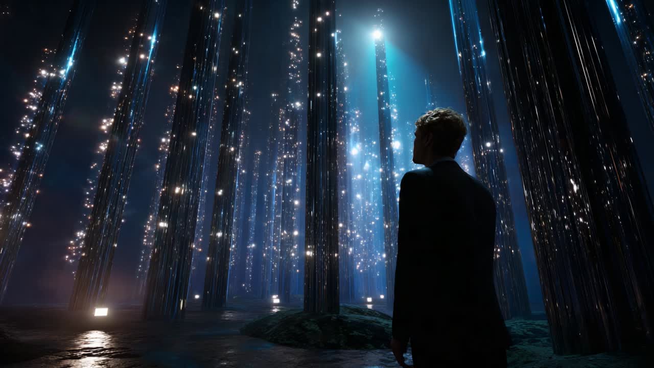 A solitary figure stands amidst a surreal landscape of towering, luminescent columns that glow with ethereal lights, creating a dreamlike atmosphere filled with mystery and awe in the night