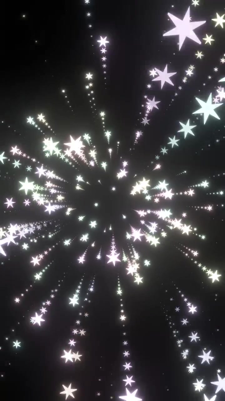 Radiant pastel stars explode from a central point, creating shimmering light trails against black background