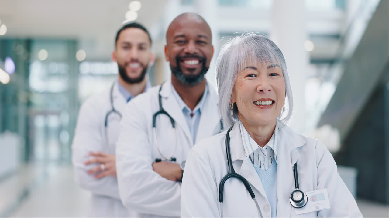 Crossed arms, team and face of doctors standing