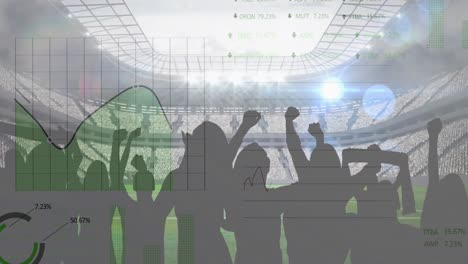 animation of graphs and data processing over cheering sports fans at stadium