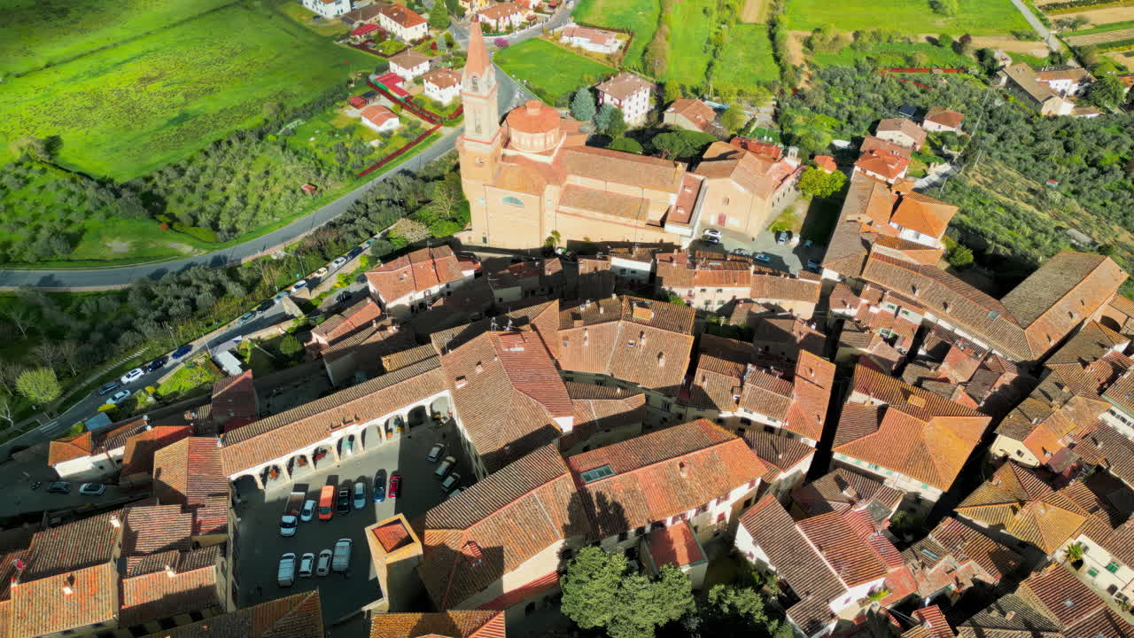 Aerial drone view of the Castiglion Fiorentino small, walled city in eastern Tuscany, Italy