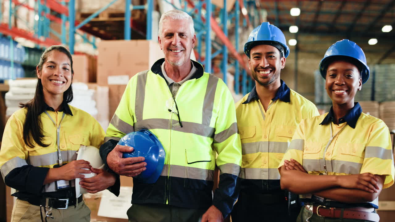 Diverse Group of Happy Warehouse Workers in Industrial Setting