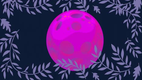 Animation-of-pink-moon-surrounded-by-lilac-leaves-on-grey-background