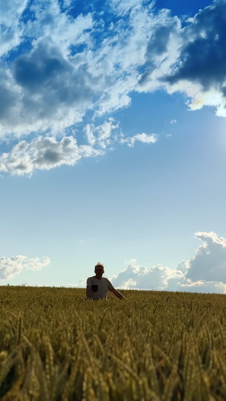 Uomo in un campo di grano sotto un cielo blu