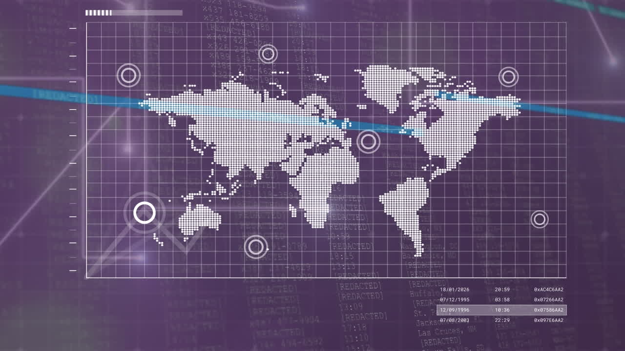 Animation of interface with world map and data pocessing against purple background