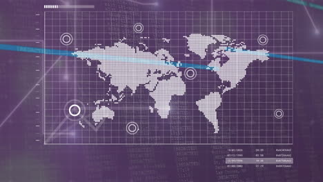 animation of interface with world map and data pocessing against purple background