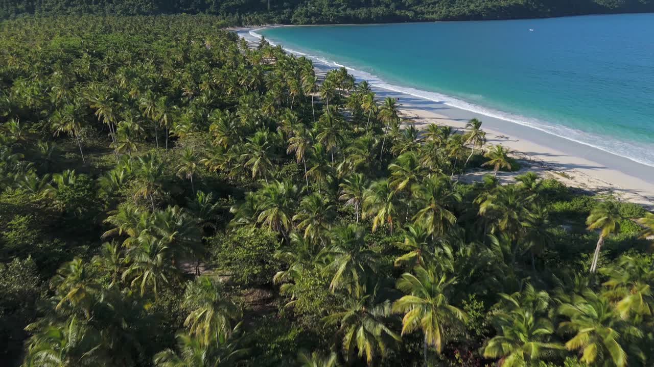 Drone footage revealing Playa Rincón in Samaná, showcasing the pristine beach, gentle waves, and lush vegetation surrounding the area, capturing the natural beauty of this tropical paradise.
