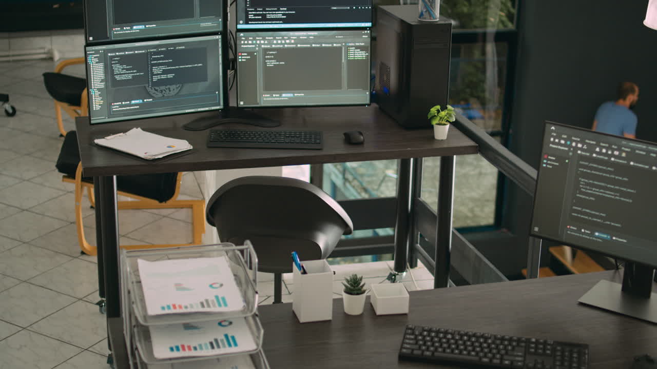 Computer monitors showing parsing code in empty it agency office