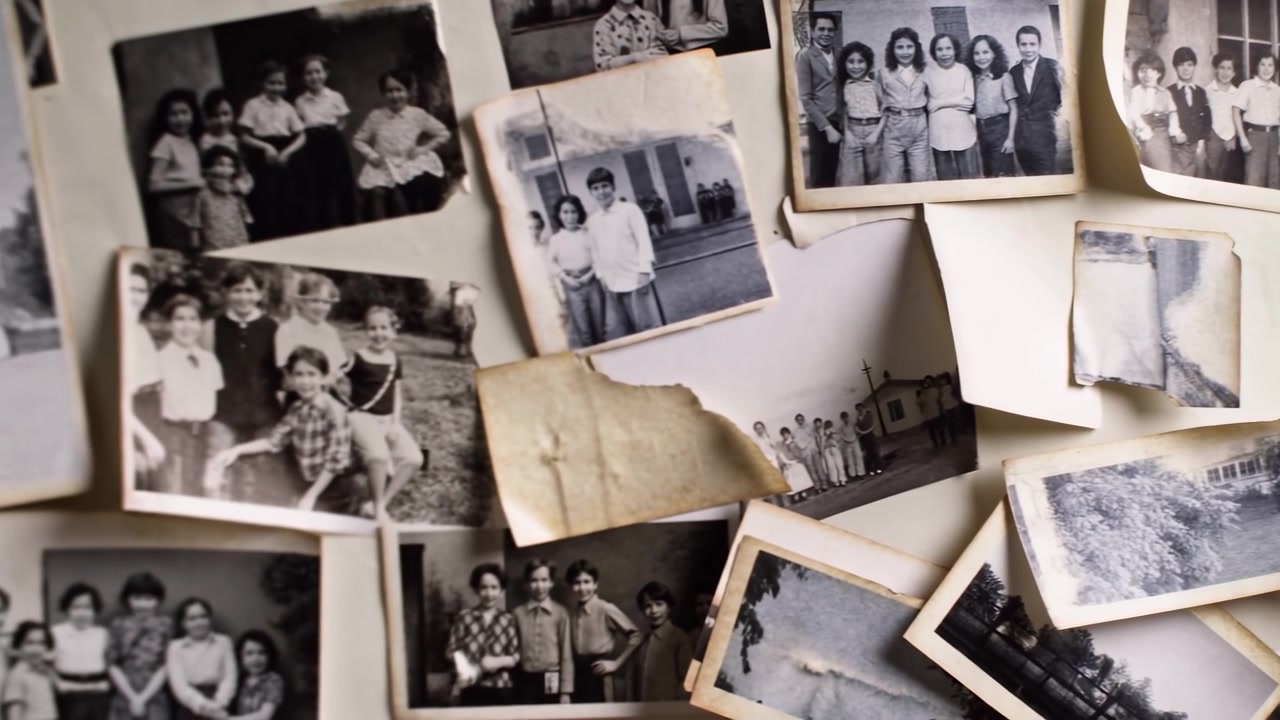 Vintage Family Photographs Scattered Across Table Show Asian Relatives In Monochrome School, Wedding