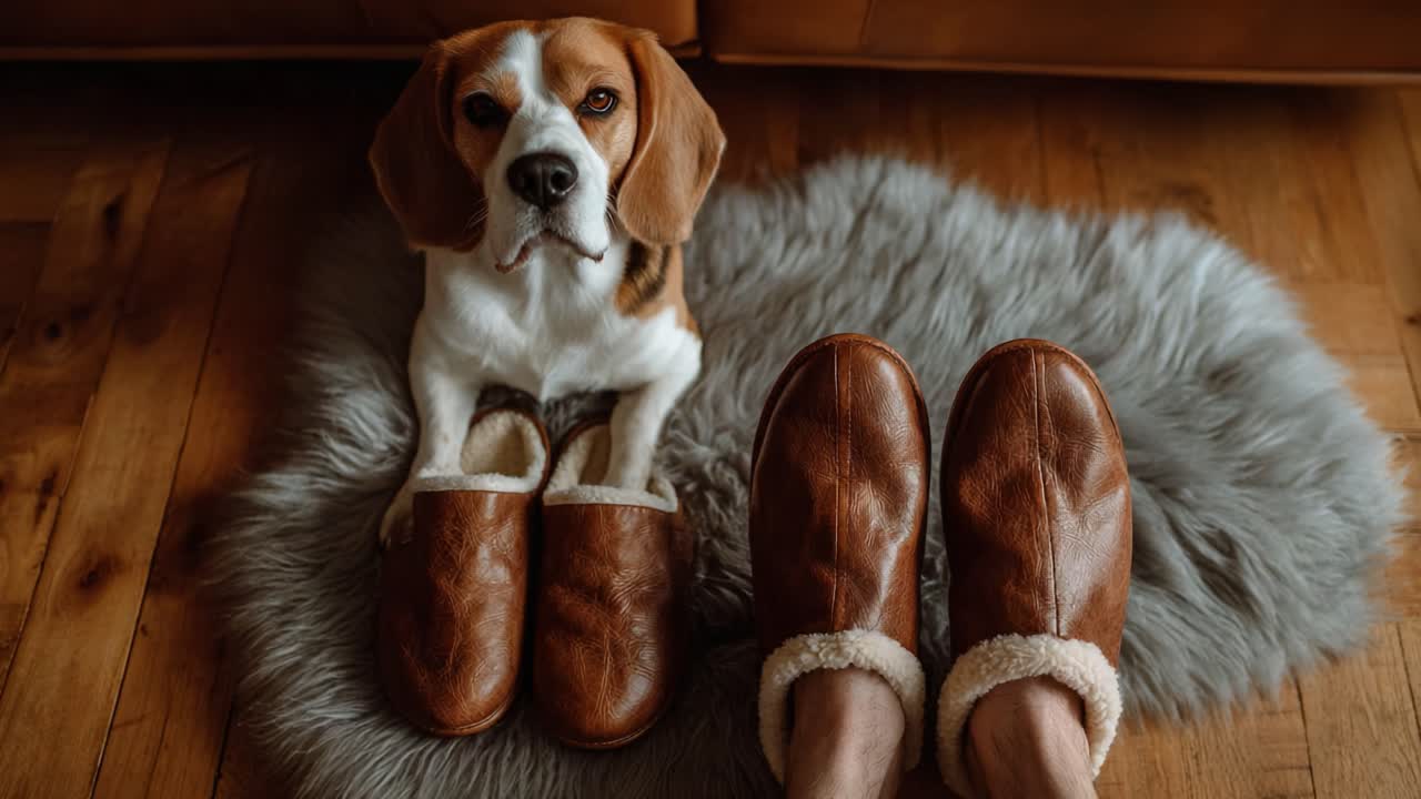 A Delightful Beagle Dog Relaxing on a Cozy Fur Rug with Comfy Slippers, Exuding a Warm and Inviting Atmosphere in a Home Setting