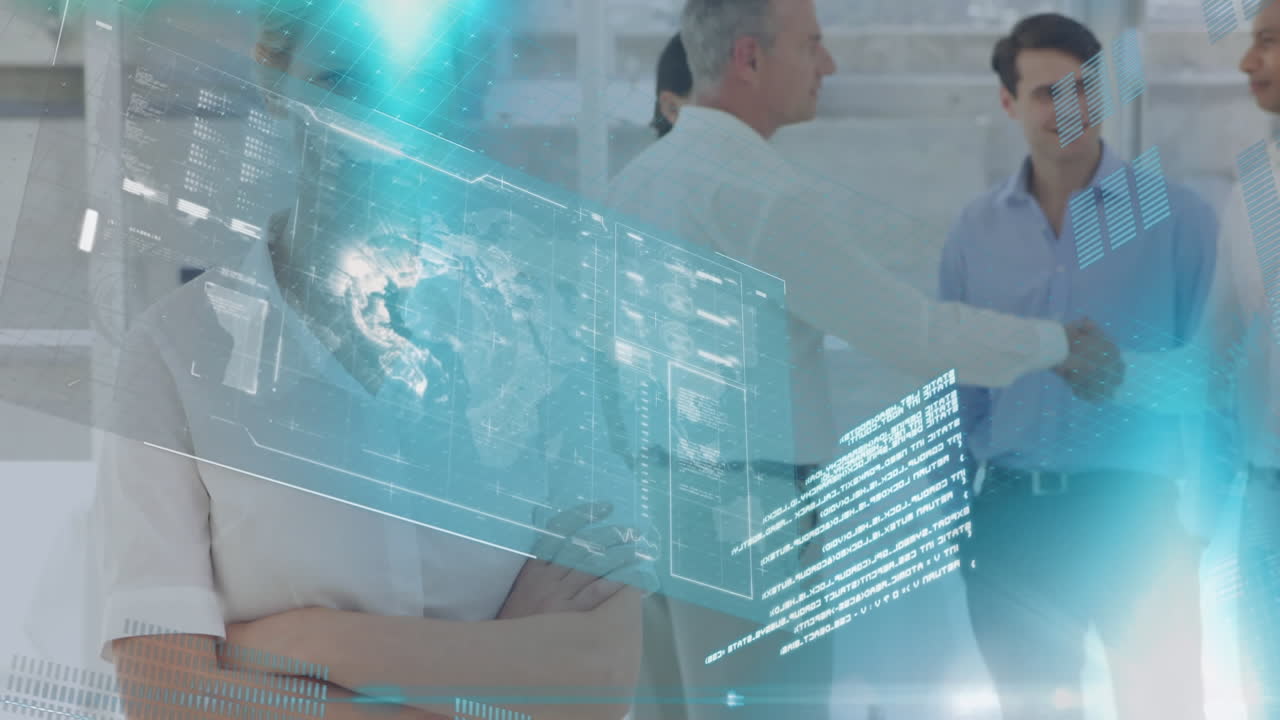 다양한 사업가들이 사무실에서 손을 흔드는 금융 데이터 처리의 애니메이션