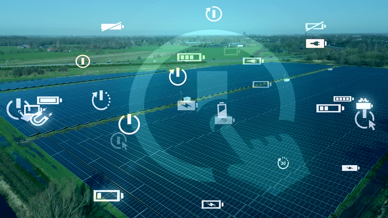 하이테크 그래픽 오버레이로 태양 전지판 필드를 지브 업