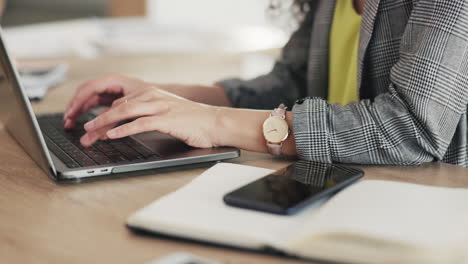 woman, hands and laptop typing business schedule